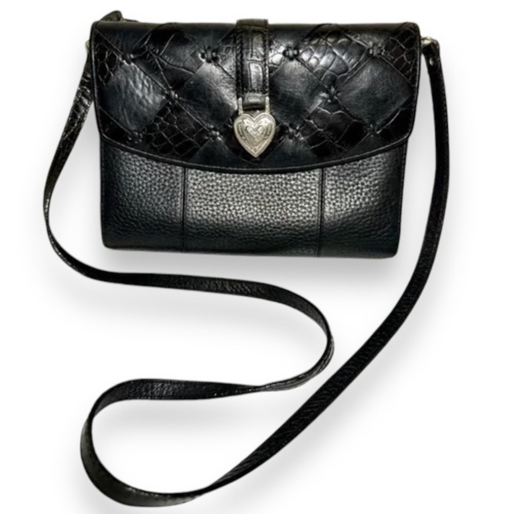 Brighton Small Crossbody Black Pebbled Leather Silver Heart Handbag
